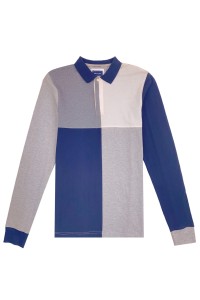 設計拼色灰色白色藍色長袖polo恤    訂做撞色男裝polo恤    polo恤設計公司  拼布 拼接   P1455